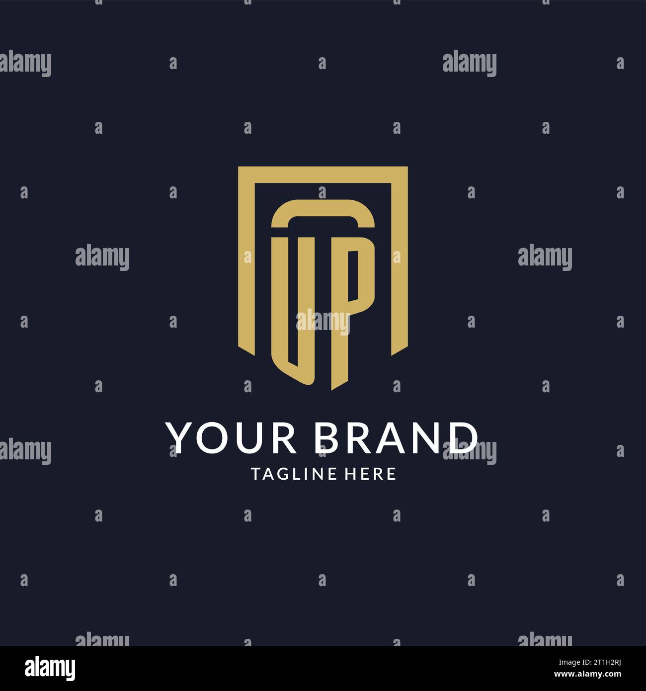 UP logo initial with geometric shield shape design style vector graphic Stock Vector