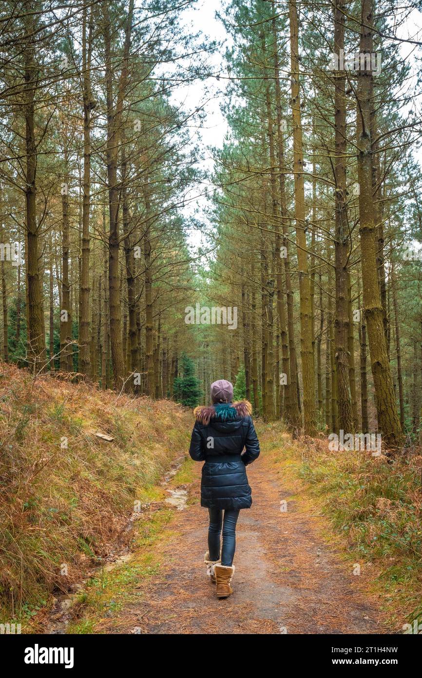 A young woman walking through the Otzarreta Forest in the Gorbea natural park, Bizkaia. Spain Stock Photo