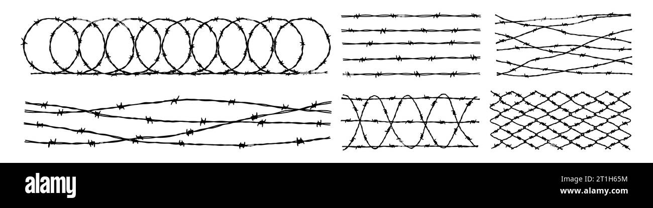 Set of barbwire fence backgrounds. Hand drawn vector illustration in sketch style. Design element for military, security, prison, slavery concepts Stock Vector