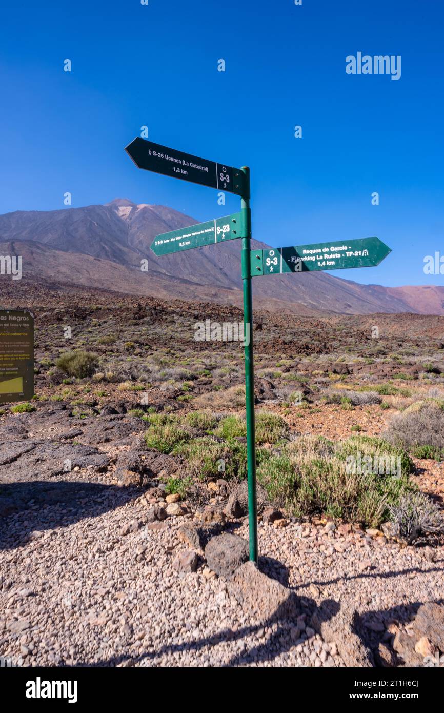 Signs of the trail between Roques de Gracia and Roque Cinchado in the natural area of Teide in Tenerife, Canary Islands Stock Photo