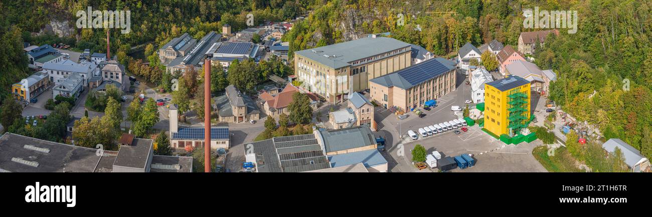 Neckartal Industrial Park Rottweil. Formerly a powder factory, today a modern industrial and commercial site with historic architecture, drone photo Stock Photo