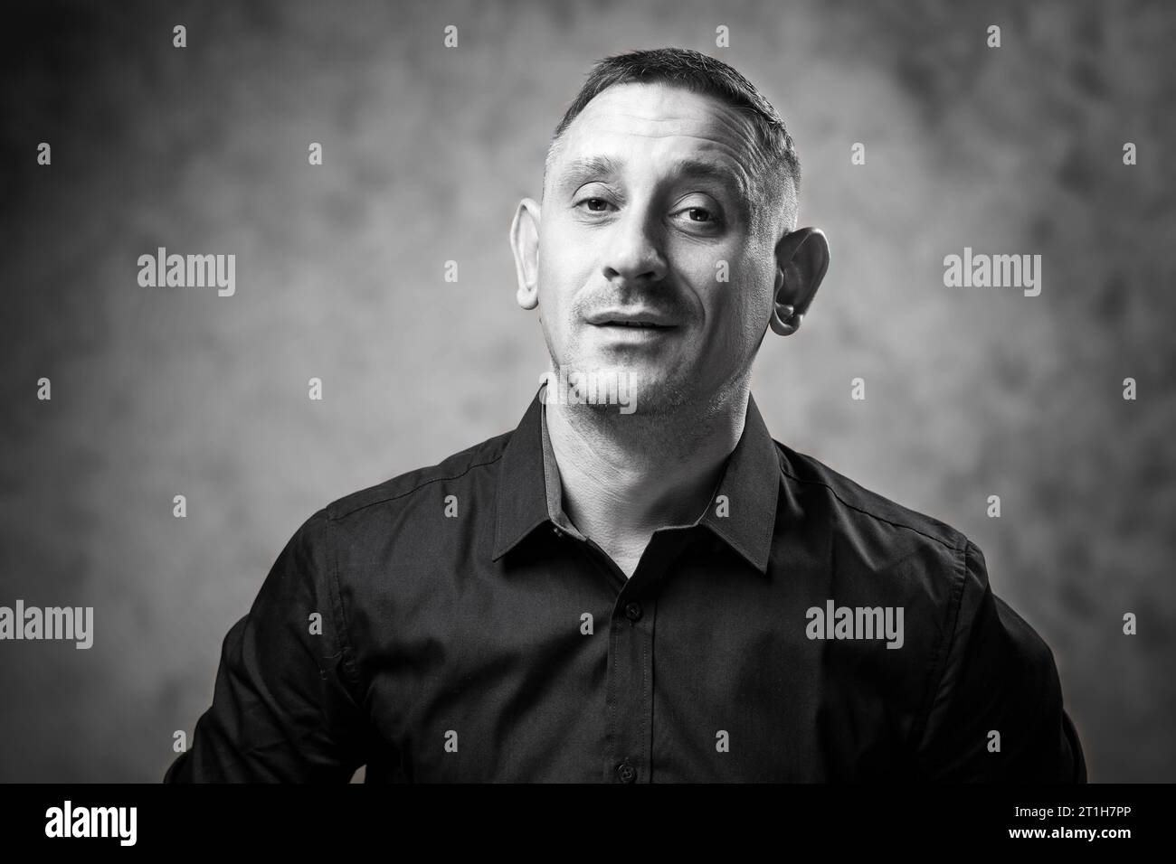 black and white portrait of a man in a shirt Stock Photo - Alamy