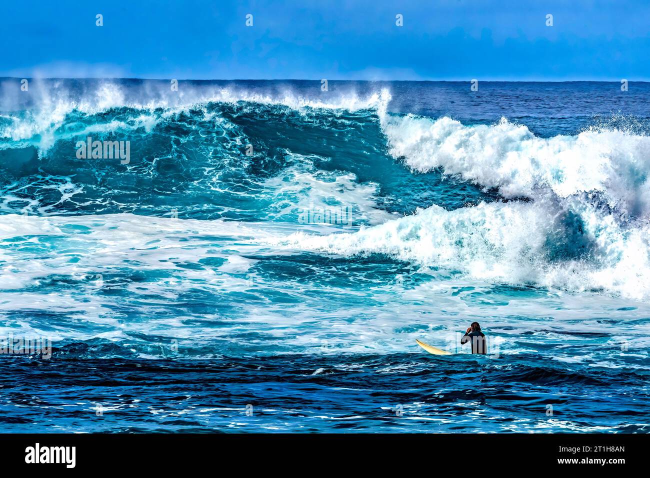 Surfer Looking Large Wave Waimea Bay North Shore Oahu Hawaii. Waimea Bay is famous for big wave