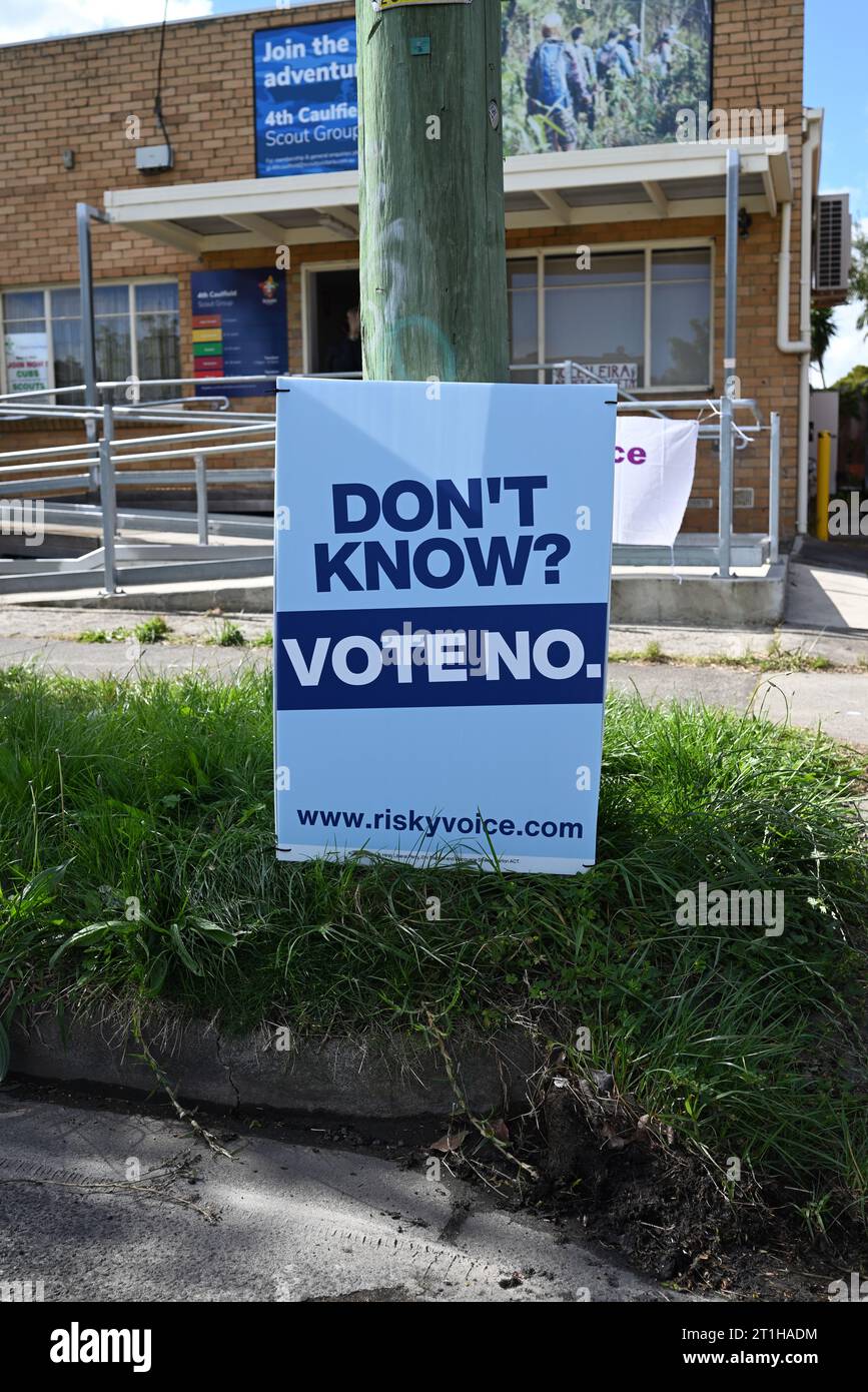 Blue vote no don't know sign outside a polling place in suburban Melbourne on the day of the indigenous voice to parliament referendum Stock Photo