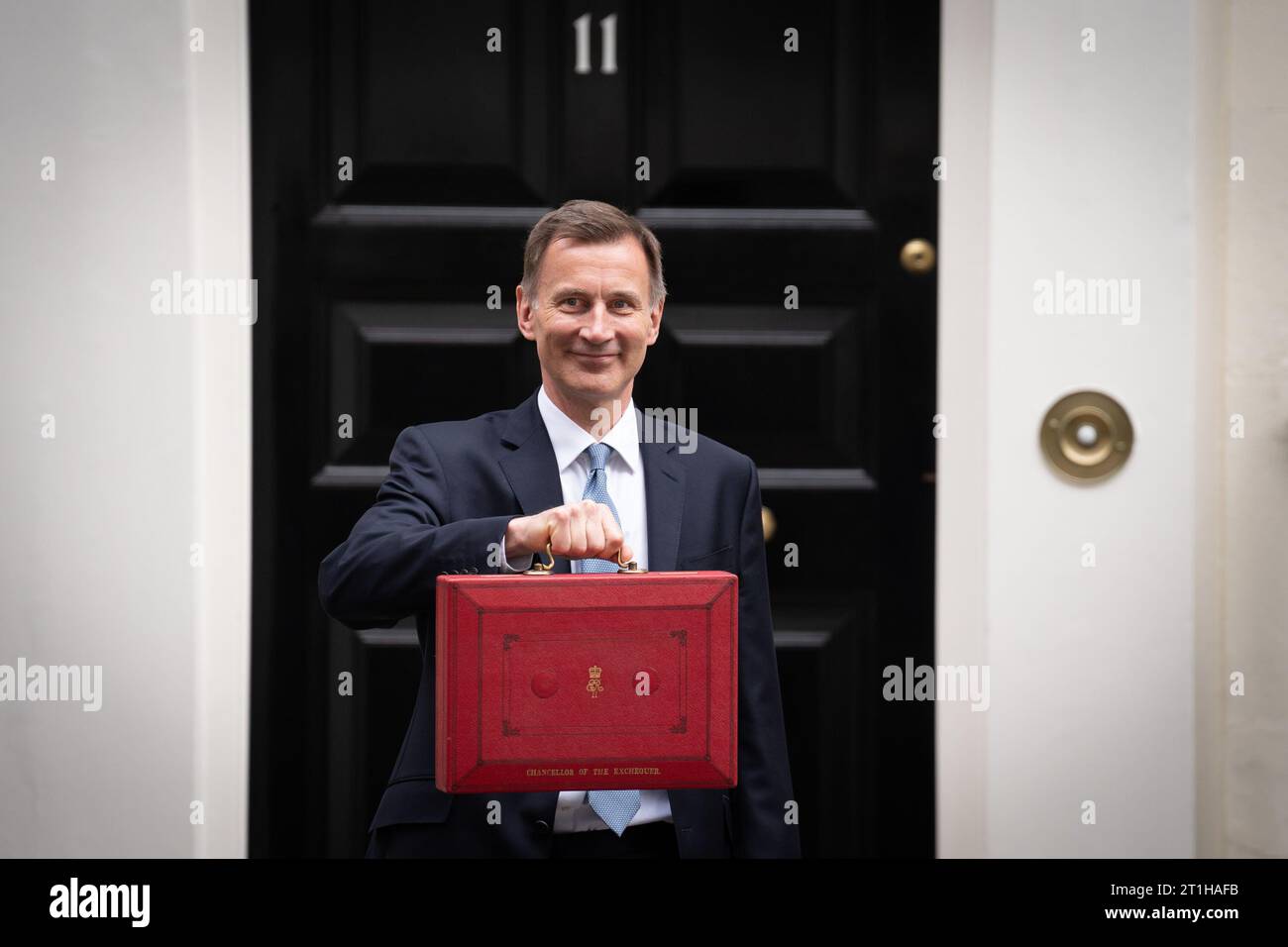 File photo dated 16/03/2023 of the Chancellor of the Exchequer, Jeremy Hunt, who took control of the nation's finances a year ago on Saturday, amid political chaos and turmoil in the financial markets caused by former prime minister Liz Truss's disastrous mini-budget. His appointment on October 14 last year saw him replace Kwasi Kwarteng, who was sacked after just five weeks in the job, followed swiftly by the resignation of Ms Truss after their aggressive tax-cutting policies crashed the pound, sent borrowing costs soaring and sparked a pension fund crisis. Issue date: Saturday October 14, 20 Stock Photo