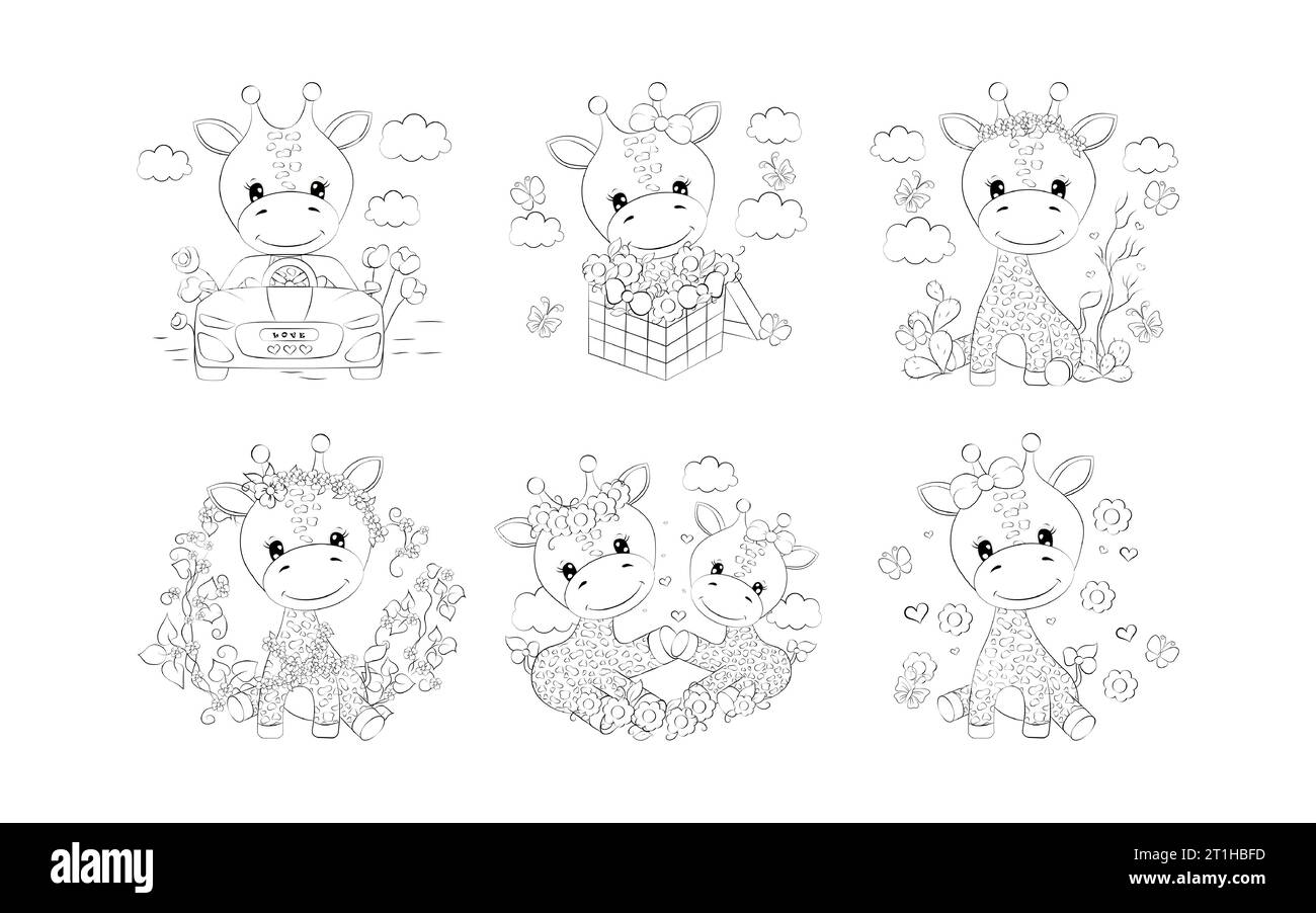 Set of Cartoon Isolated Giraffe Coloring Page. Collection of Cute Vector Cartoon Animals Outline Stock Vector