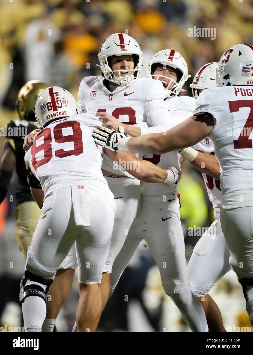 Stanford place kicker Joshua Karty, center, celebrates with teammates
