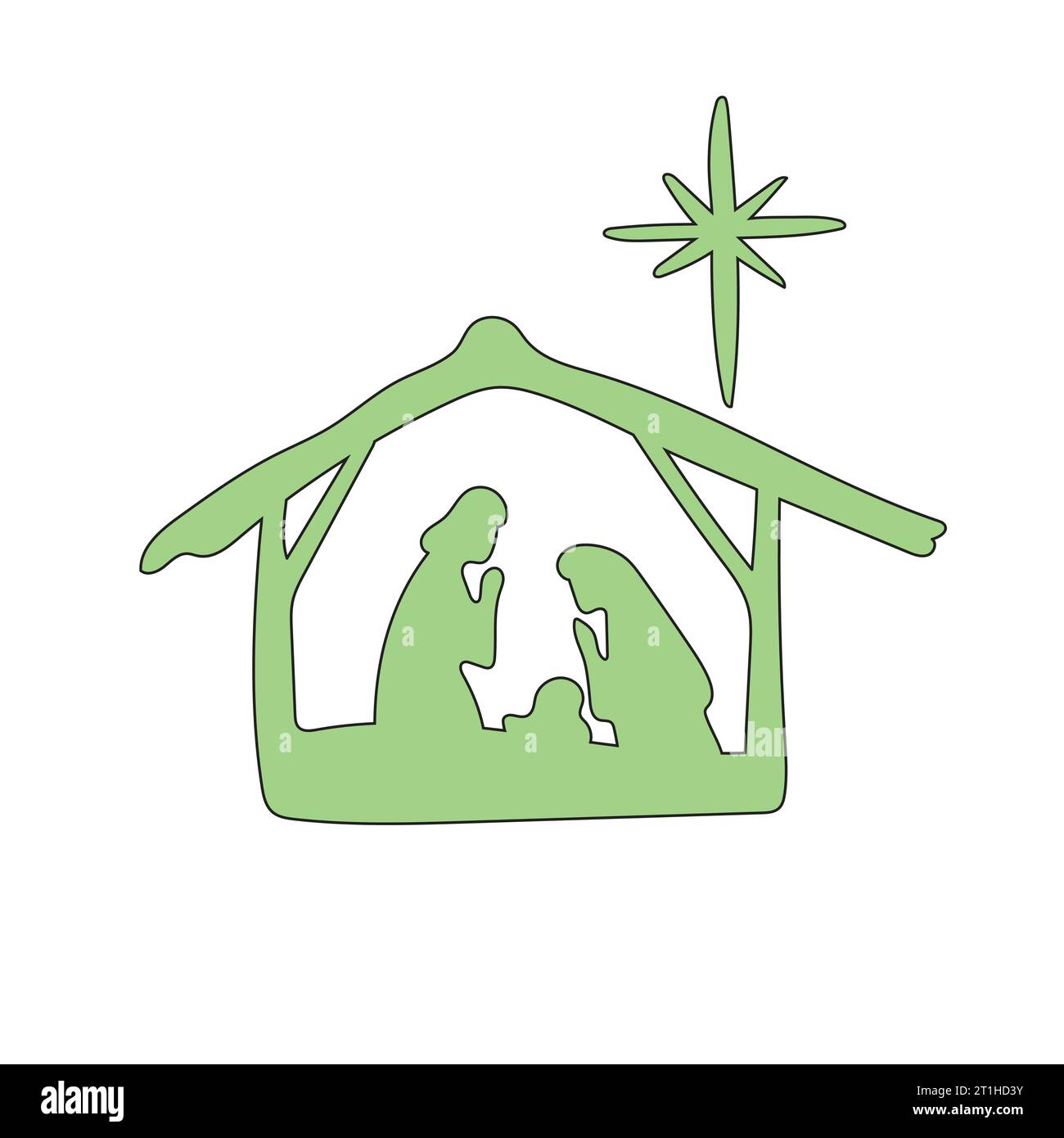 Black line drawing of born Jesus with Joseph and Mary illustration vector hand drawn Stock Vector