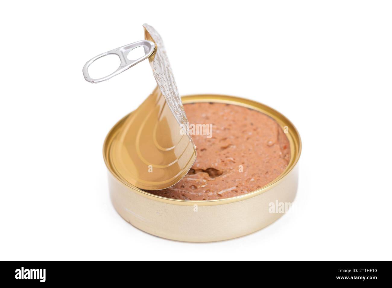 Opened Tin Can with Chicken Liver Pate Isolated on White Background