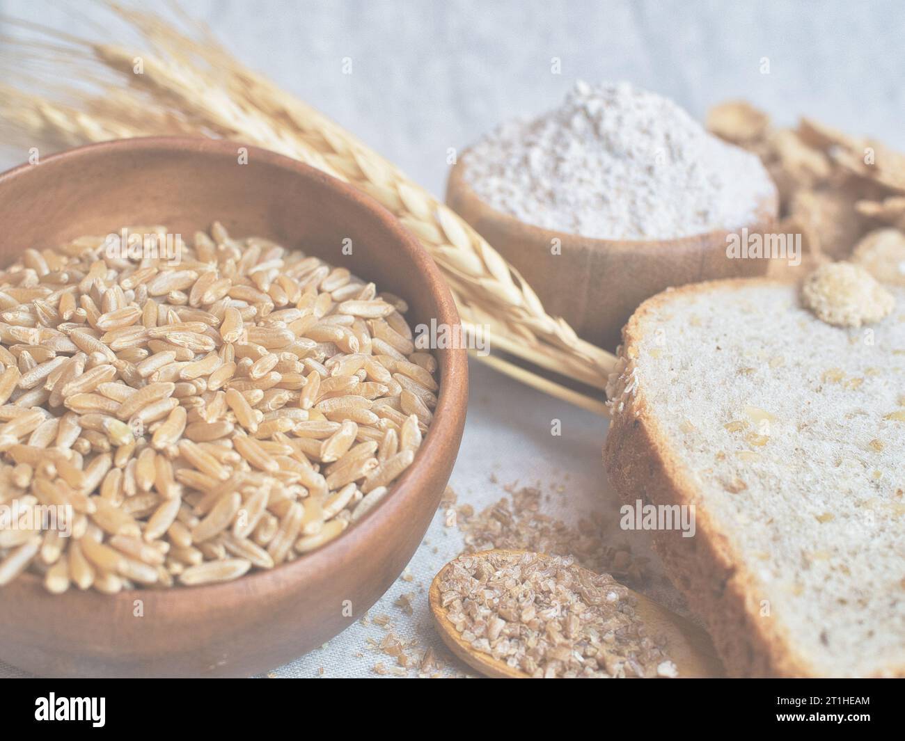 Whole grain wheat in different forms in still life on linen-covered table. Whole grain organic wheat crops including khorasan wheat, bulgur, and bread. Stock Photo