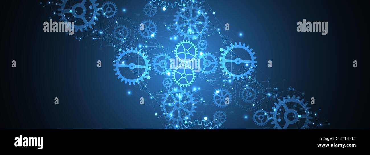 Abstract blue technological background. Structure square pattern with cogwheels and plexus effect. Vector Stock Vector