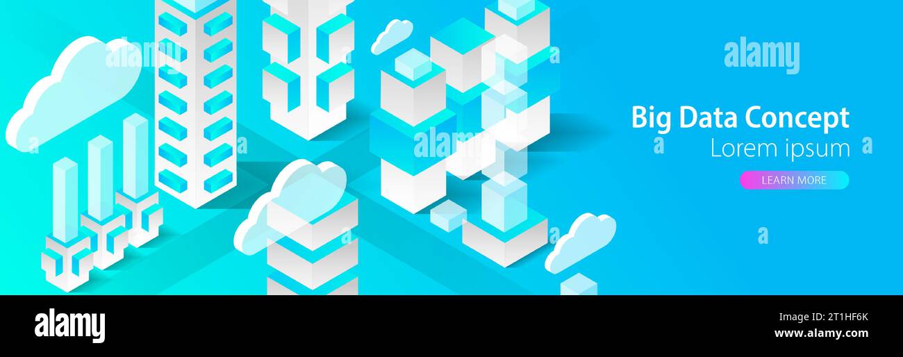 Isometric big data flow processing concept, cloud database. Abstract technology background. Stock Vector