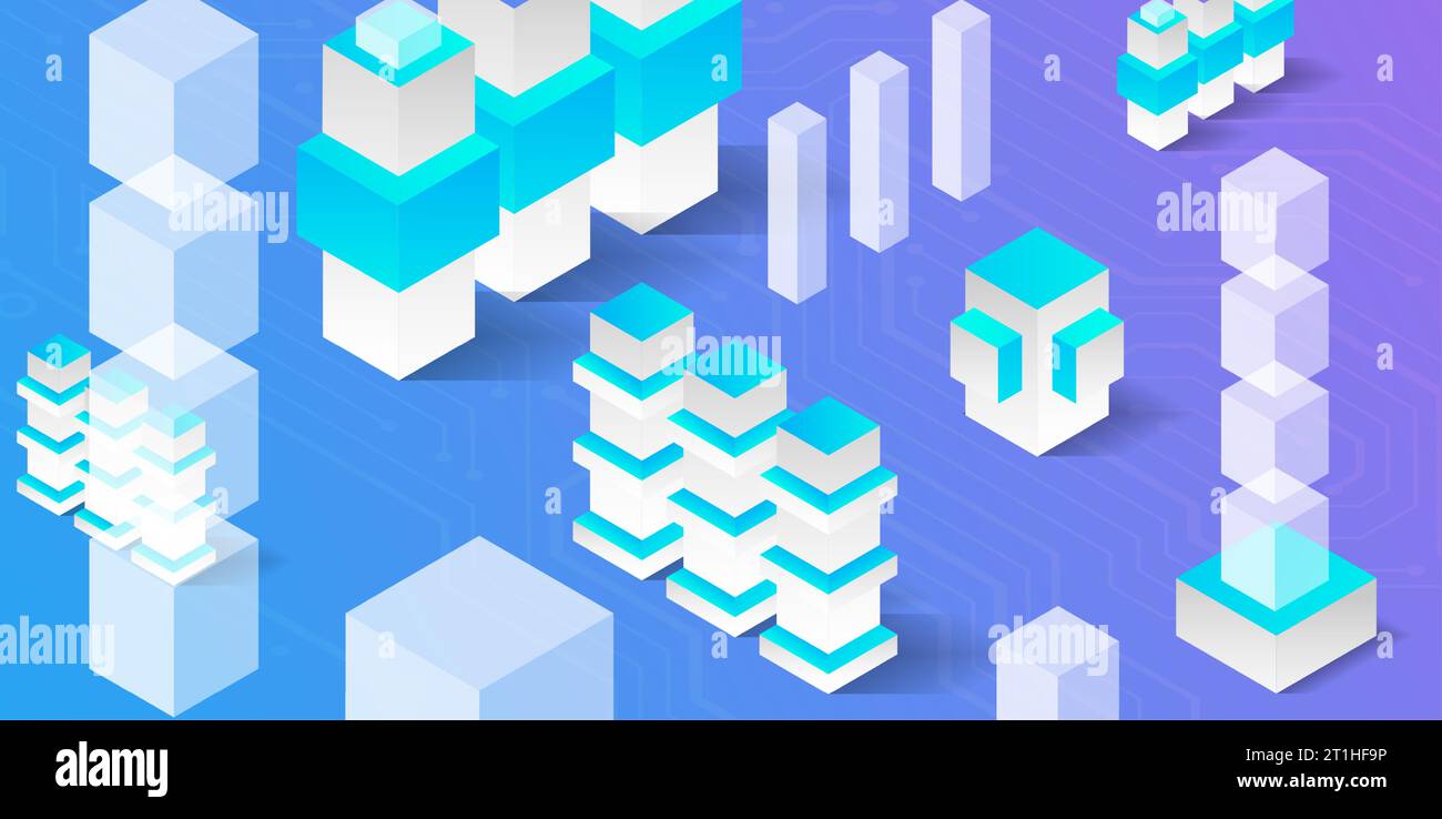 Isometric big data flow processing concept, cloud database. Abstract technology background. Stock Vector