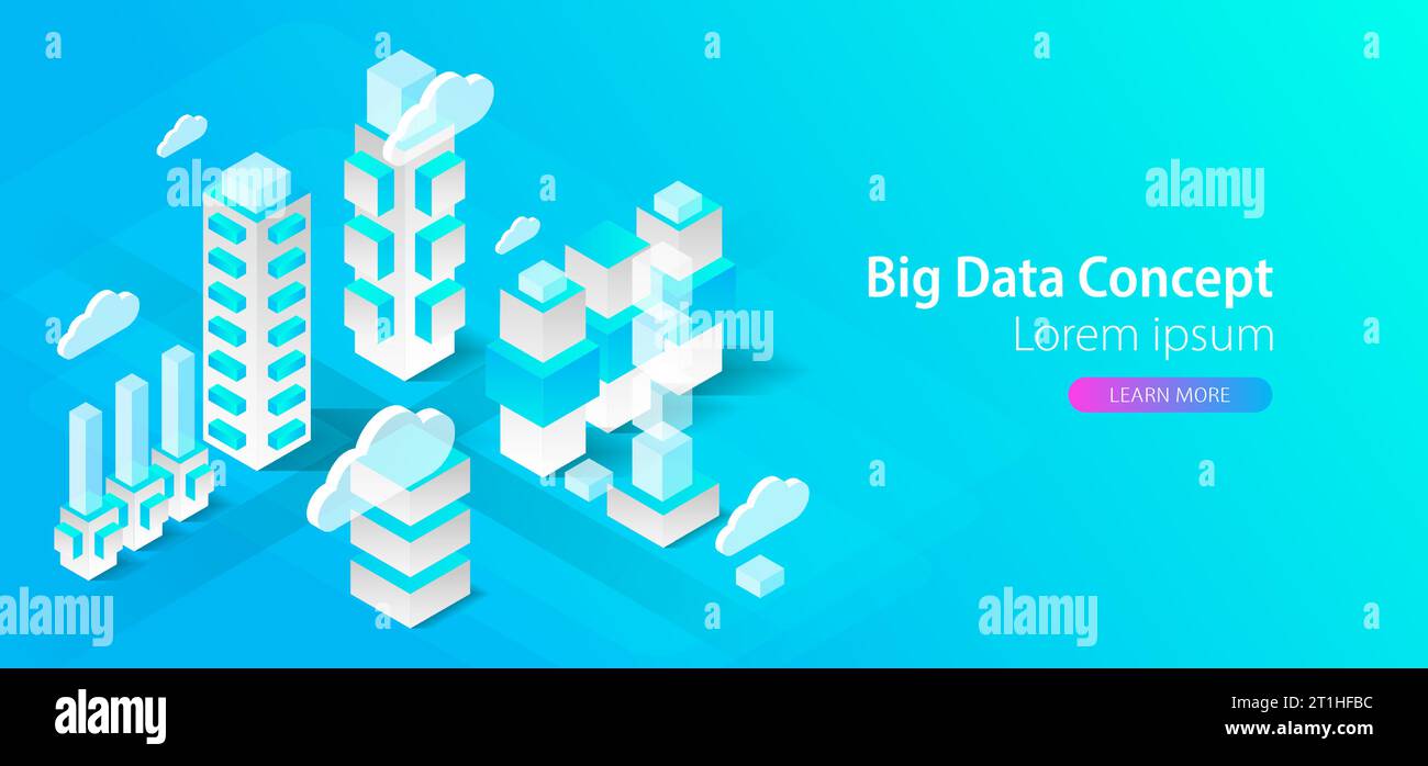 Isometric big data flow processing concept, cloud database. Abstract technology background. Stock Vector