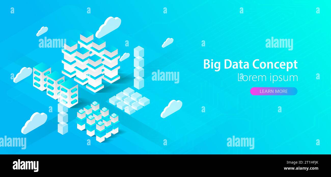 Isometric big data flow processing concept, cloud database. Abstract technology background. Stock Vector