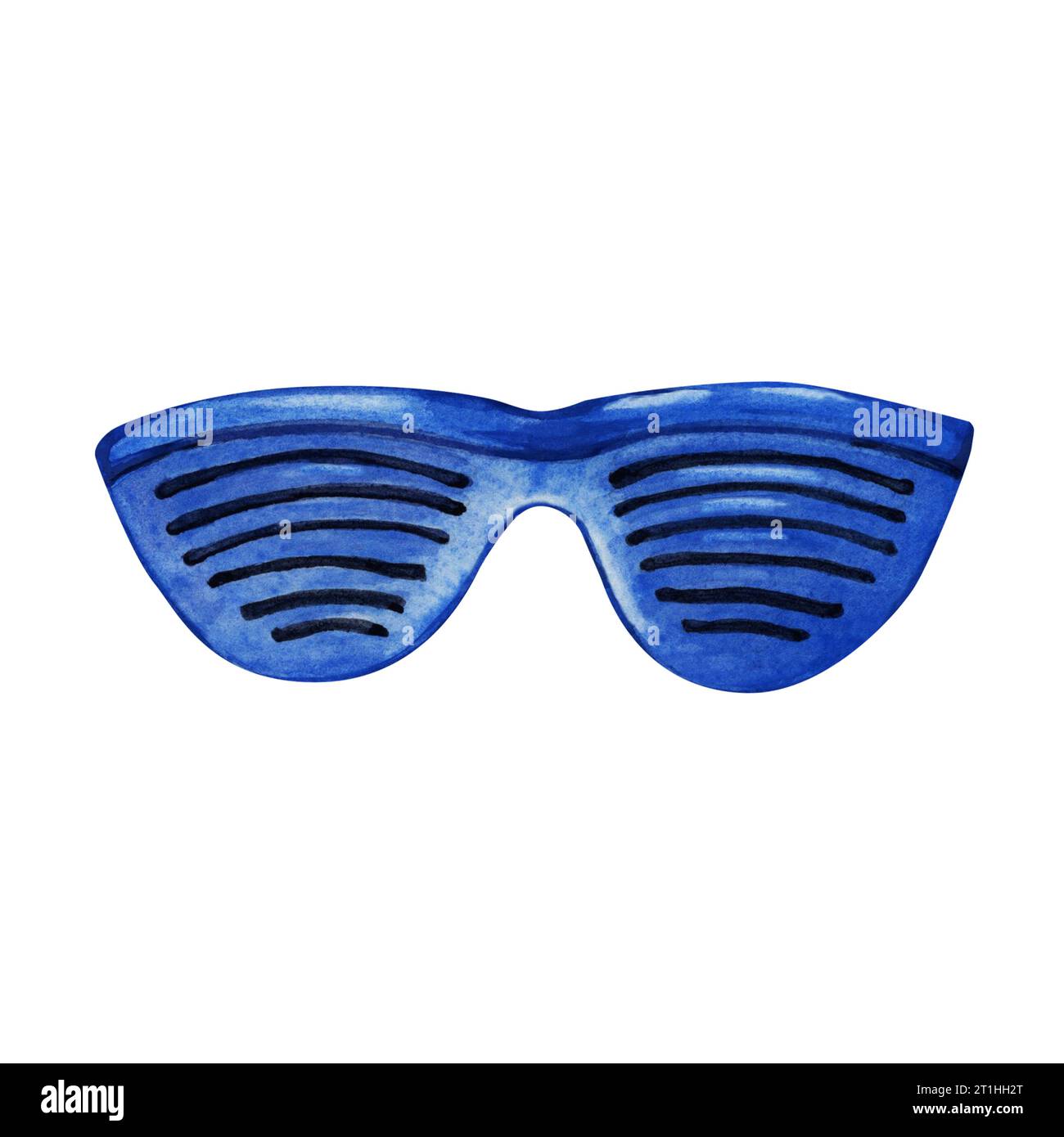 Blue sunglasses in 80s 90s style. Hand drawn watercolor illustration