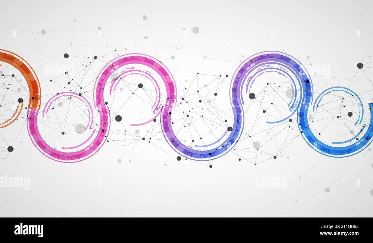 Technical background with plexus effect and wave made of techno circles. Stock Vector