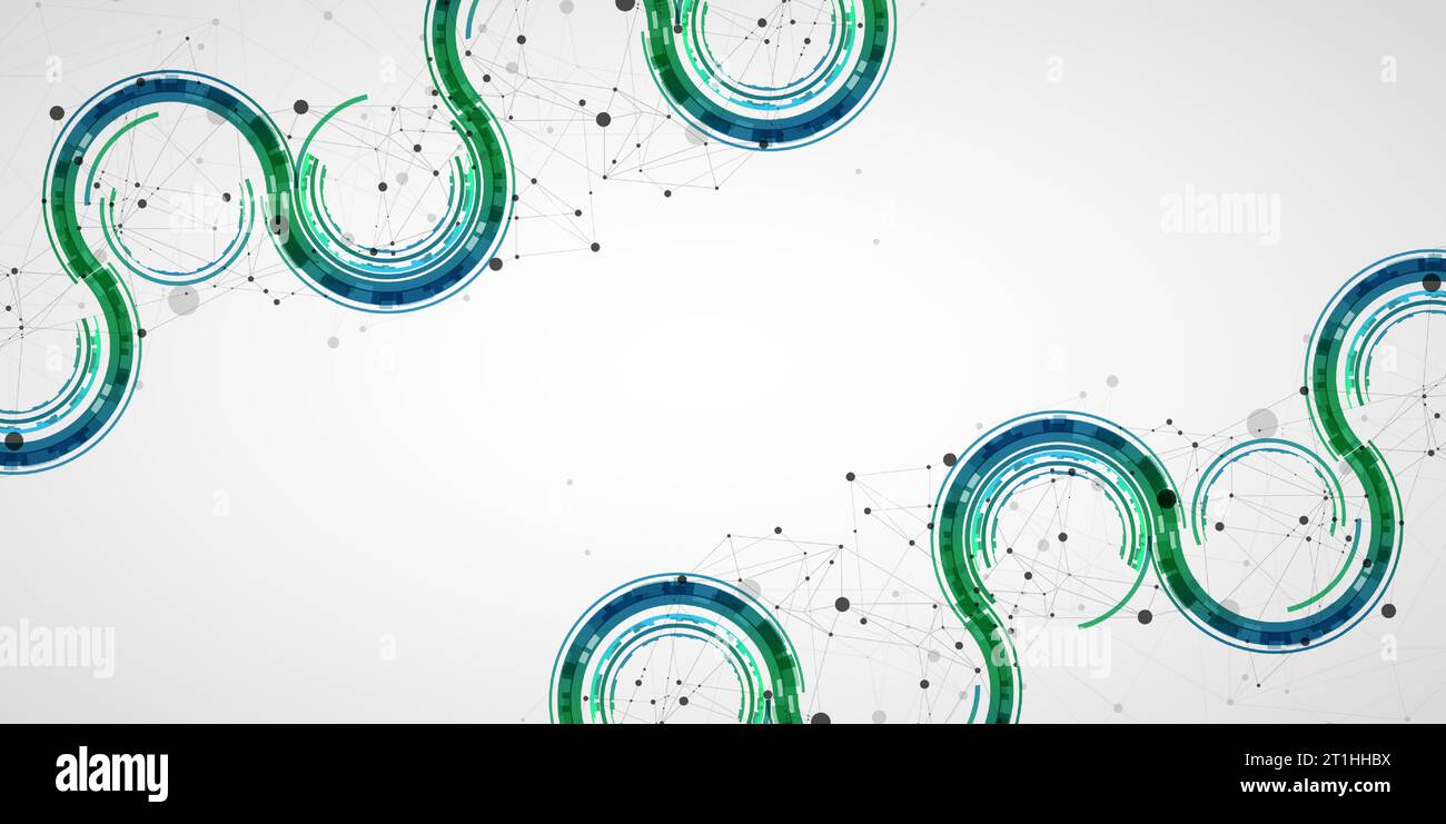 Technical background with plexus effect and wave made of techno circles. Stock Vector