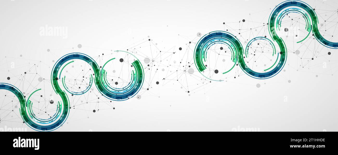 Technical background with plexus effect and wave made of techno circles. Stock Vector