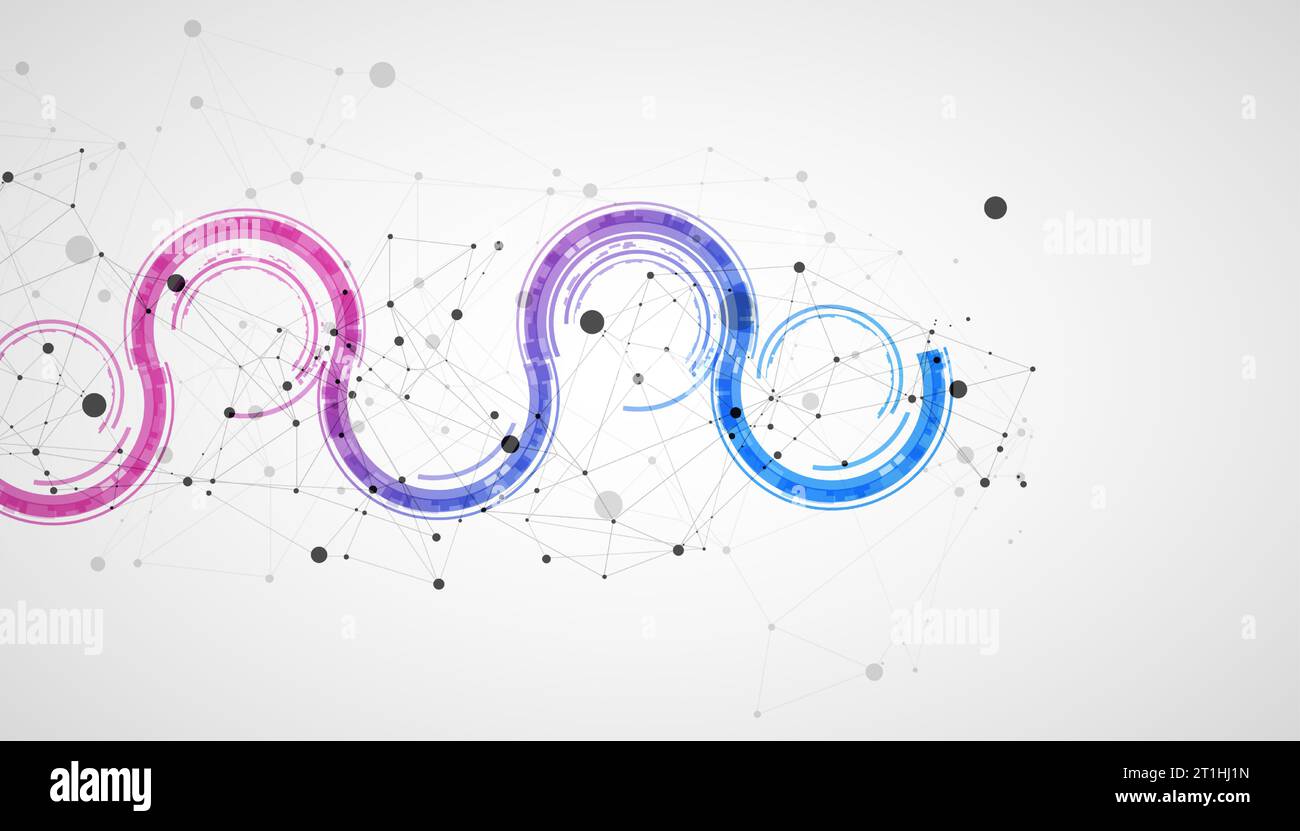 Technical background with plexus effect and wave made of techno circles. Stock Vector