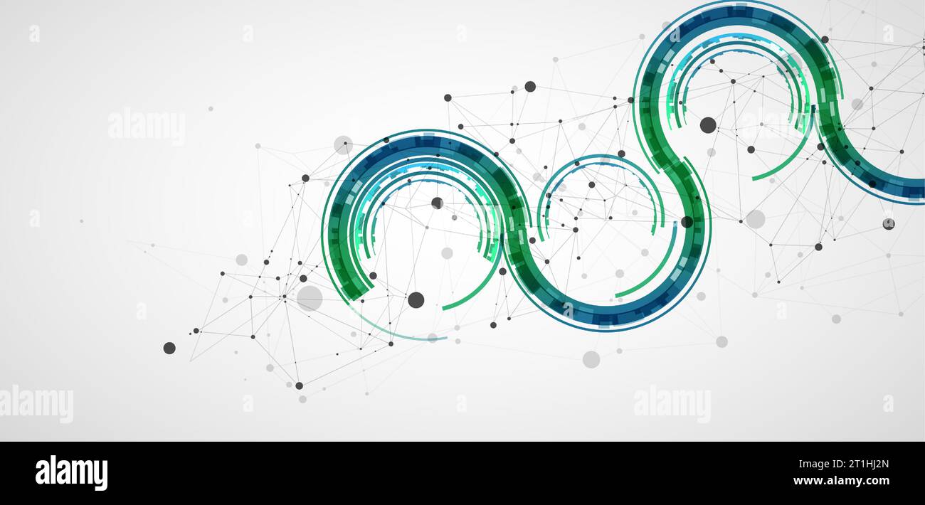 Technical background with plexus effect and wave made of techno circles. Stock Vector