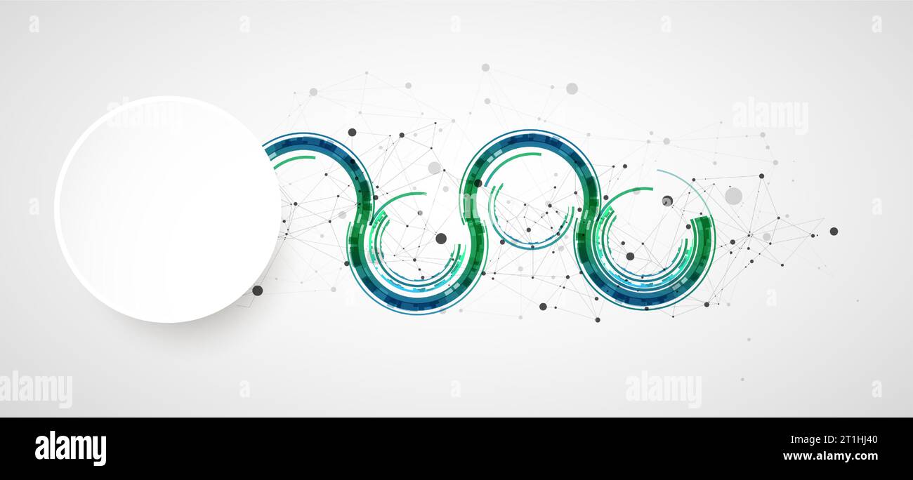 Technical background with plexus effect and wave made of techno circles. Stock Vector