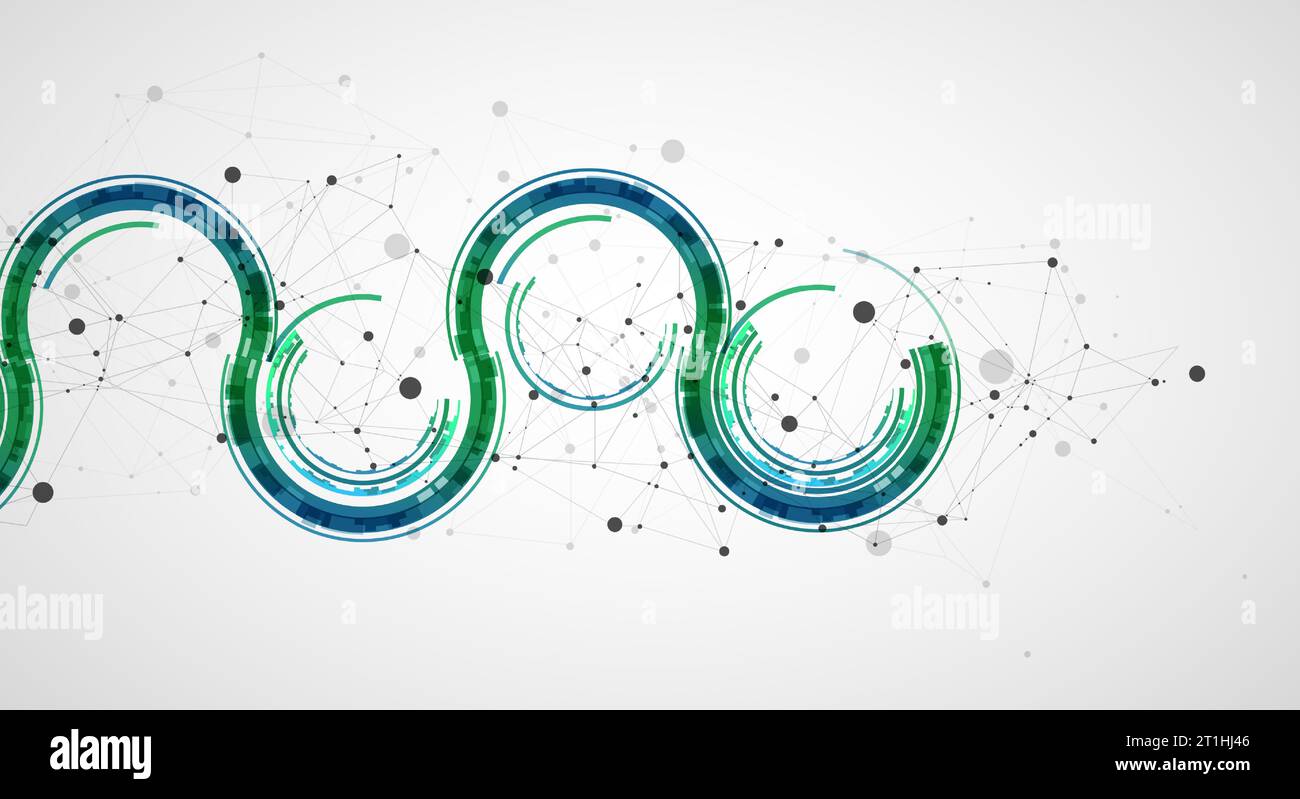 Technical background with plexus effect and wave made of techno circles. Stock Vector
