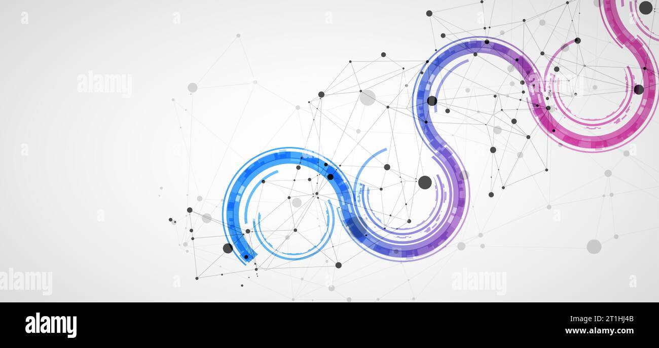 Technical background with plexus effect and wave made of techno circles. Stock Vector