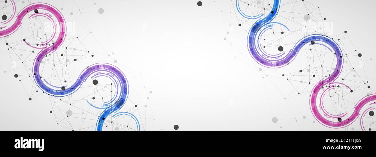 Technical background with plexus effect and wave made of techno circles. Stock Vector