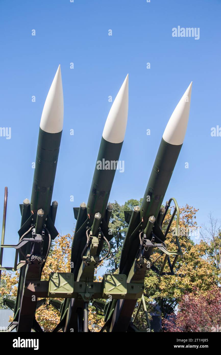 Mobile surface-to-air missile rocket launcher system, weapons for mass destruction top or rocket's warheads Stock Photo