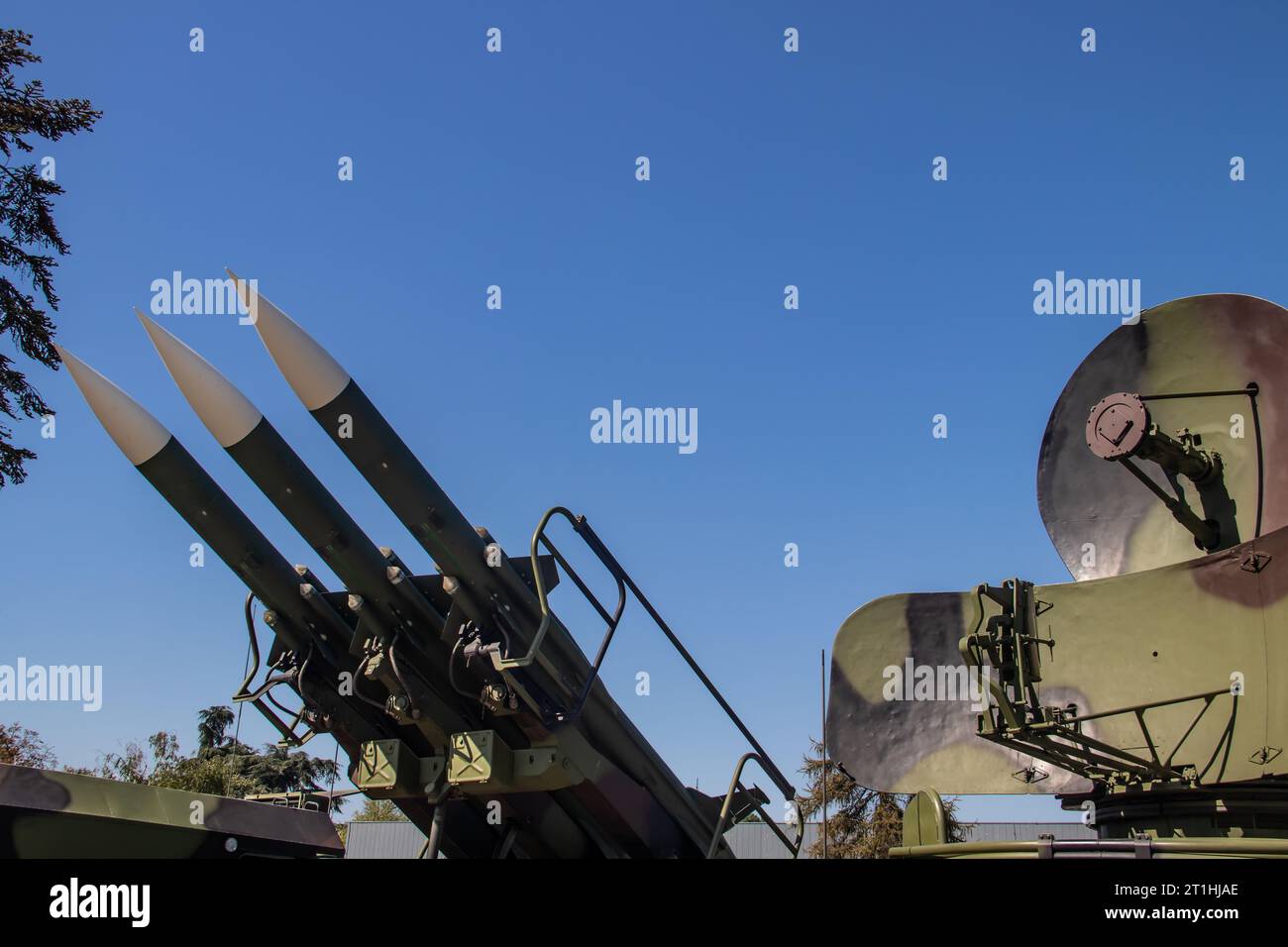 Mobile surface-to-air missile rocket launcher system, weapons for mass destruction top or rocket's warheads Stock Photo
