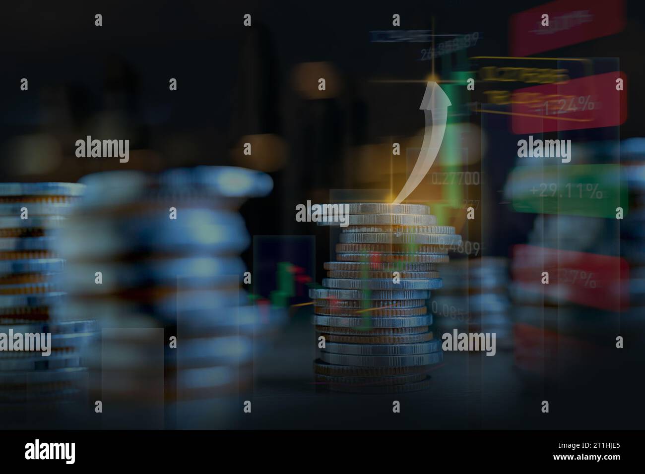 Stack of coins with graph chart growth economic growth graph chart. Business strategy Stock Photo