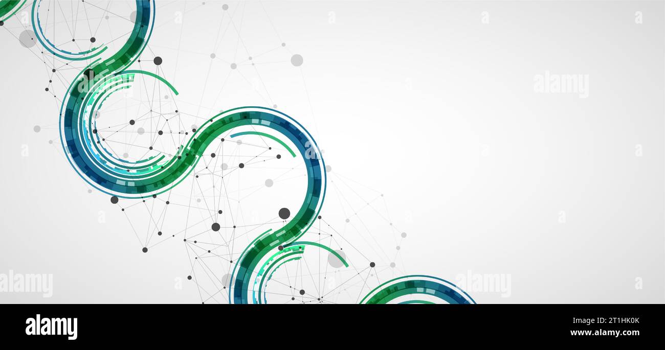 Technical background with plexus effect and wave made of techno circles. Stock Vector