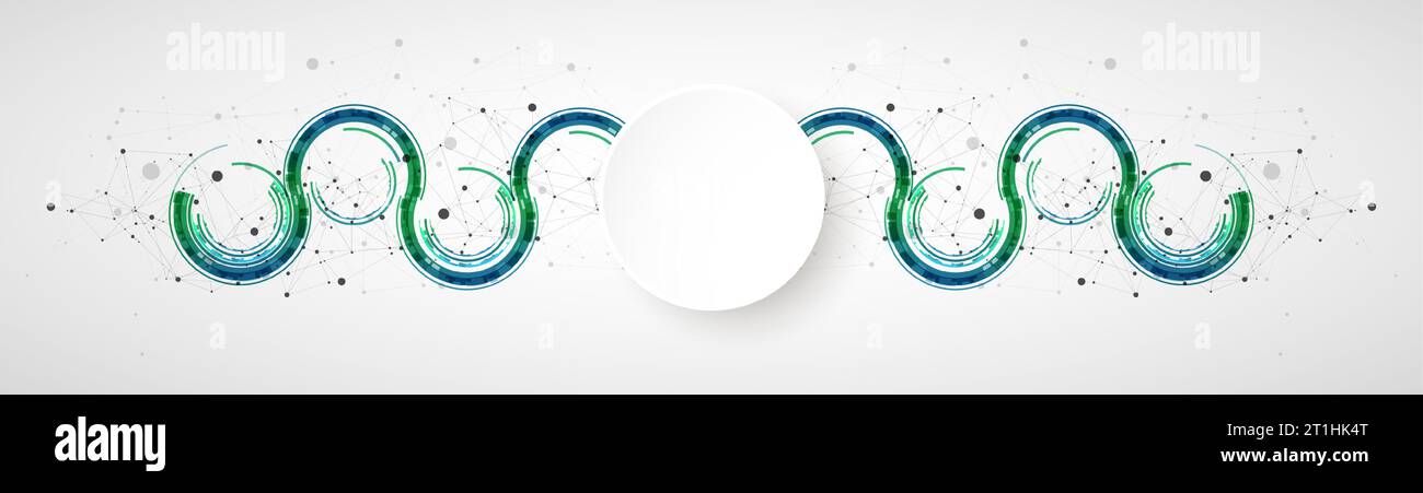 Technical background with plexus effect and wave made of techno circles. Stock Vector