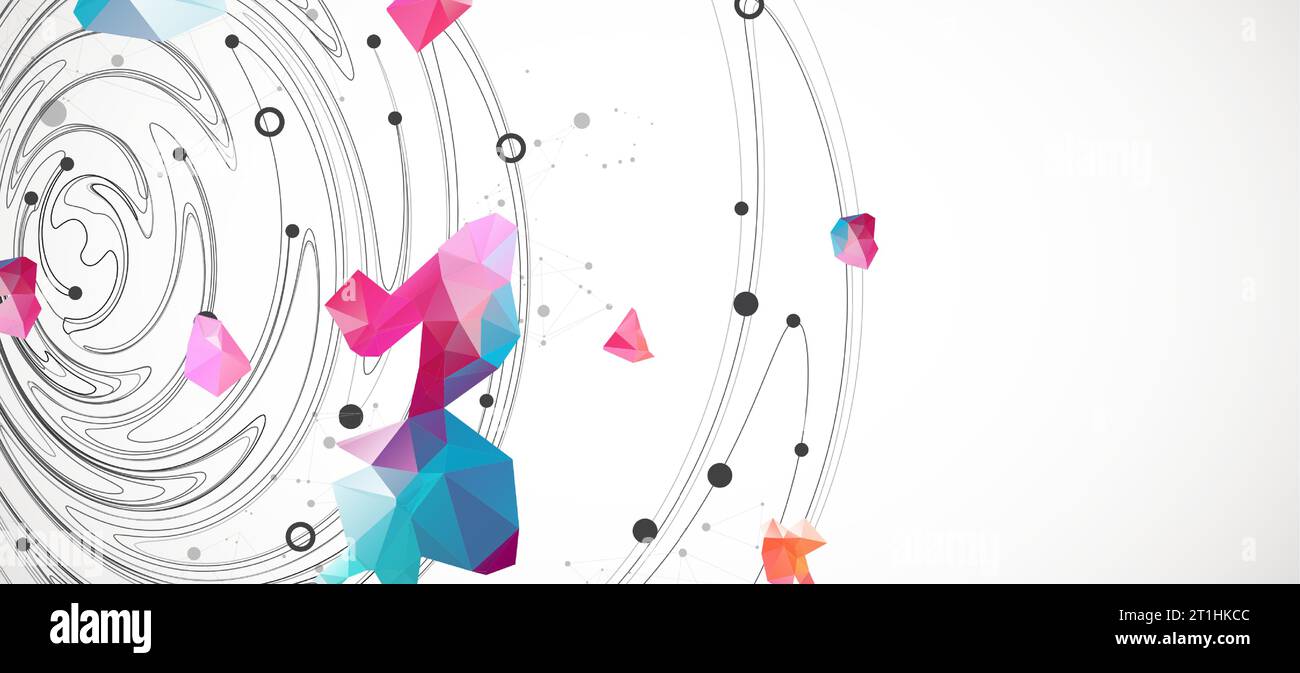 Colorful abstract swirling background with dots and geometric objects. Stock Vector