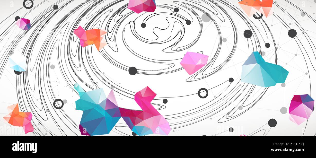 Colorful abstract swirling background with dots and geometric objects. Stock Vector