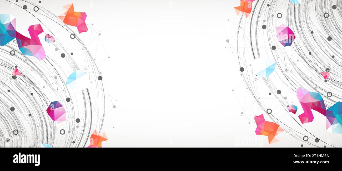 Colorful abstract swirling background with dots and geometric objects. Stock Vector