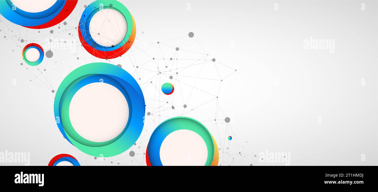 Multicolored circles arranged on a plexus abstraction for use in scientific or technical fields. Geometric abstract background with connected dots and Stock Vector