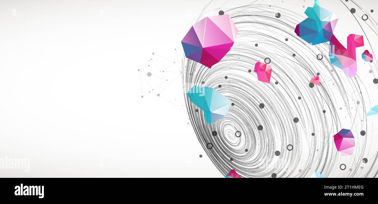 Colorful abstract swirling background with dots and geometric objects. Stock Vector