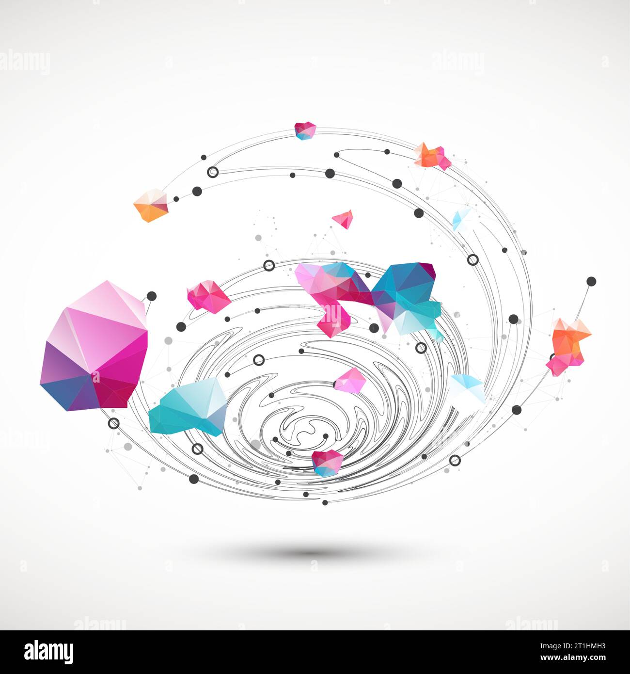 Colorful abstract swirling background with dots and geometric objects. Stock Vector