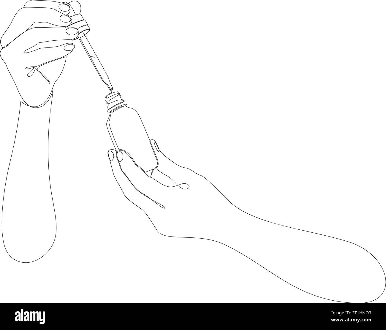 Continuous one line drawing of hand holding glass pipette taking drop from a vial. Cosmetics, oils or medical drops. Skin care concept drawn by single Stock Vector