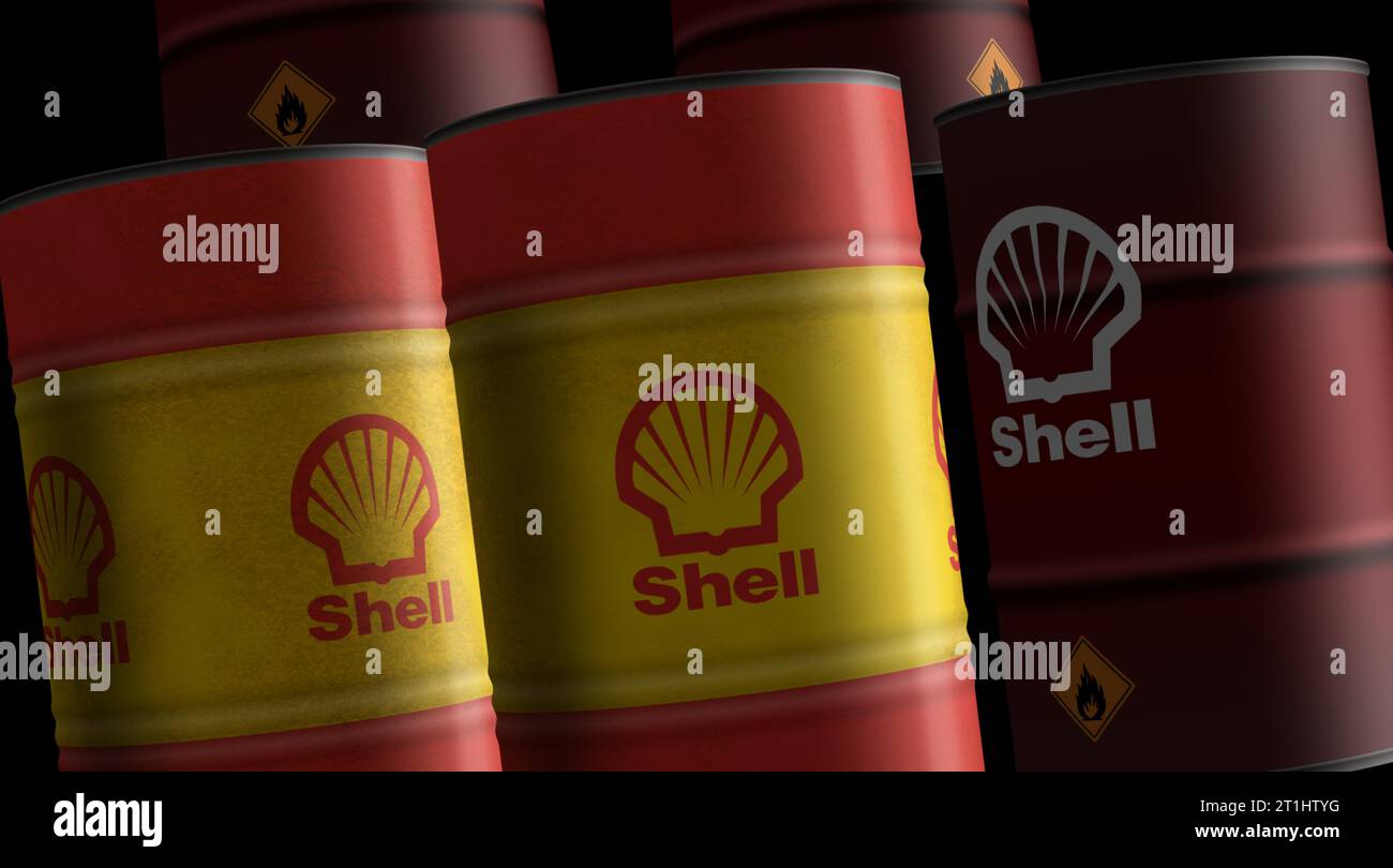 Poznan, Poland, October 12, 2023 Shell oil petroleum fuel barrels in