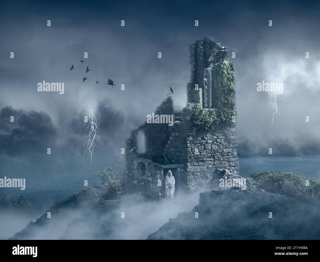 Ghost, apparition among  ruins of a folly in fantasy stormy weather landscape Stock Photo