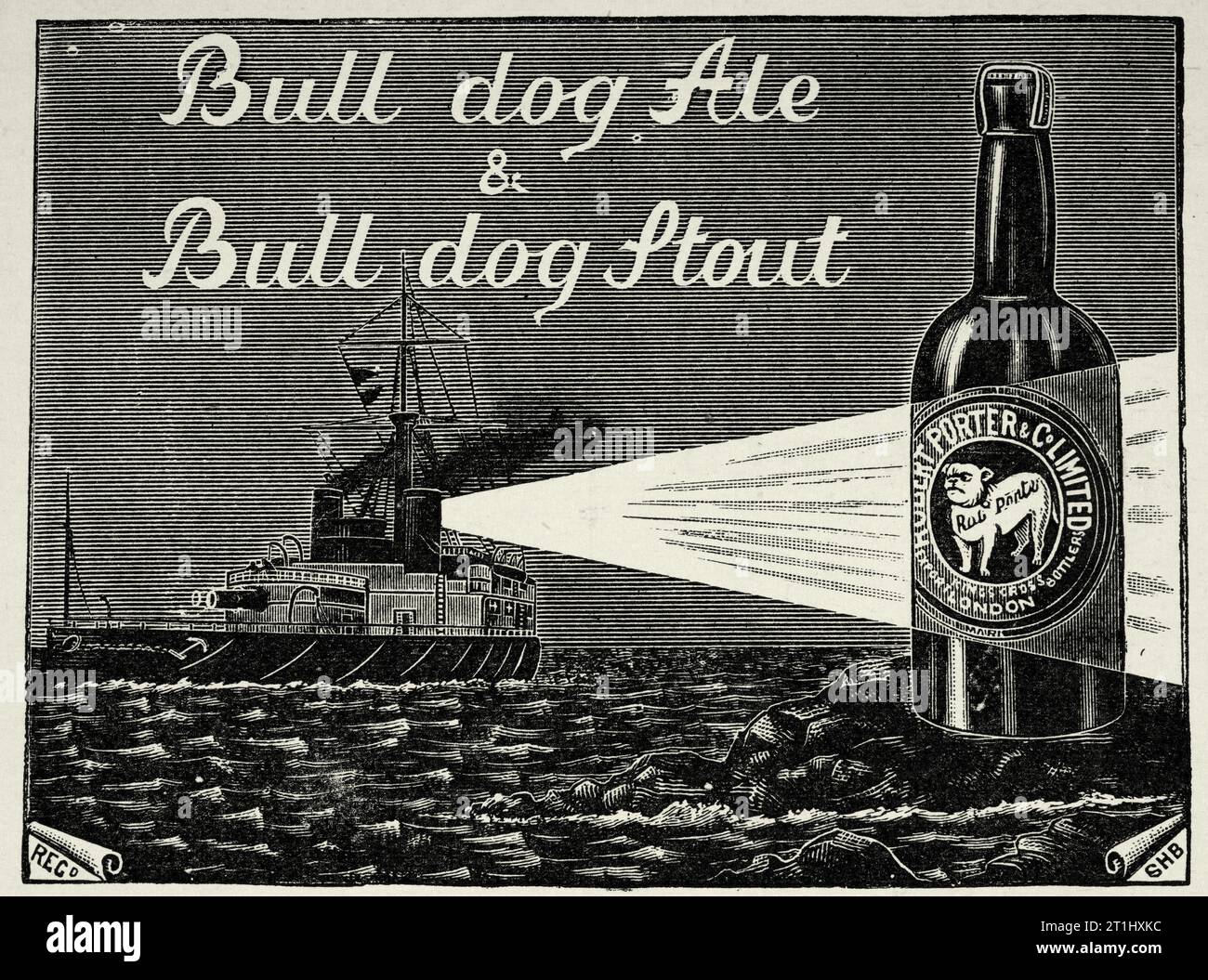 Vintage advert of Bull dog ale amd stout, Victorian beer advert, 1890s, 19th Century. Battleship, Royal navy searchlight Stock Photo