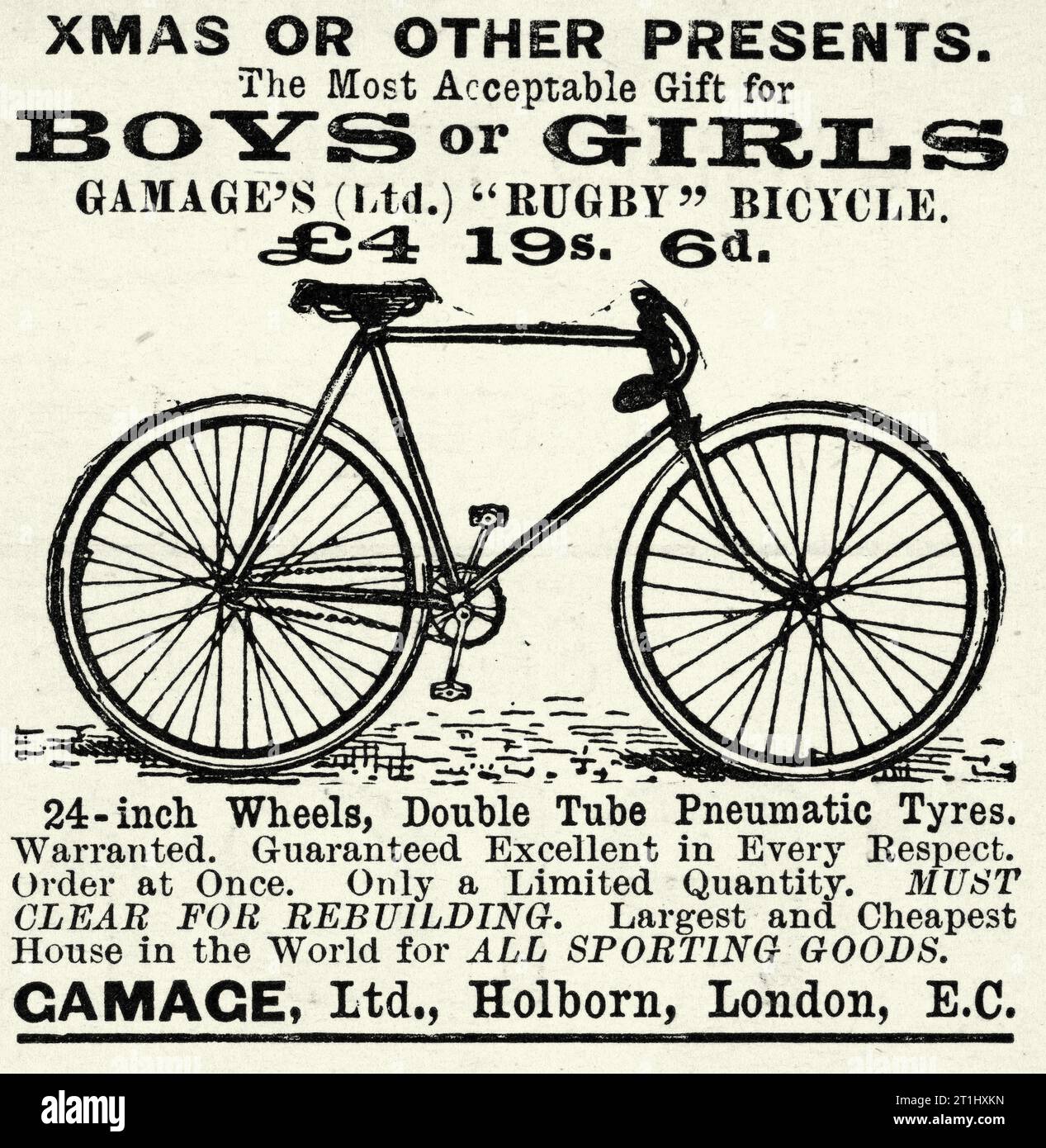 Victorian advert for a Gamage boys or girls bicycle, 1890s, 19th Century Stock Photo