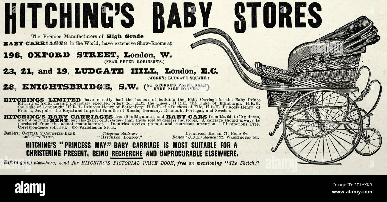 Late Victorian advert for Hitching's Baby Stores, Pram, Baby Carriage, 1890s, 19th Century Stock Photo