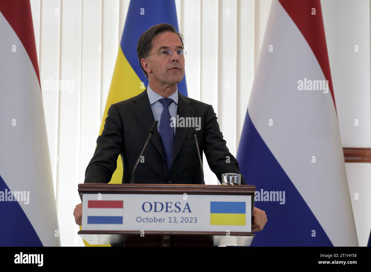 Non Exclusive: ODESA, UKRAINE - OCTOBER 13, 2023 - Dutch Prime Minister Mark Rutte is pictured during a joint press conference with Ukrainian Presiden Stock Photo