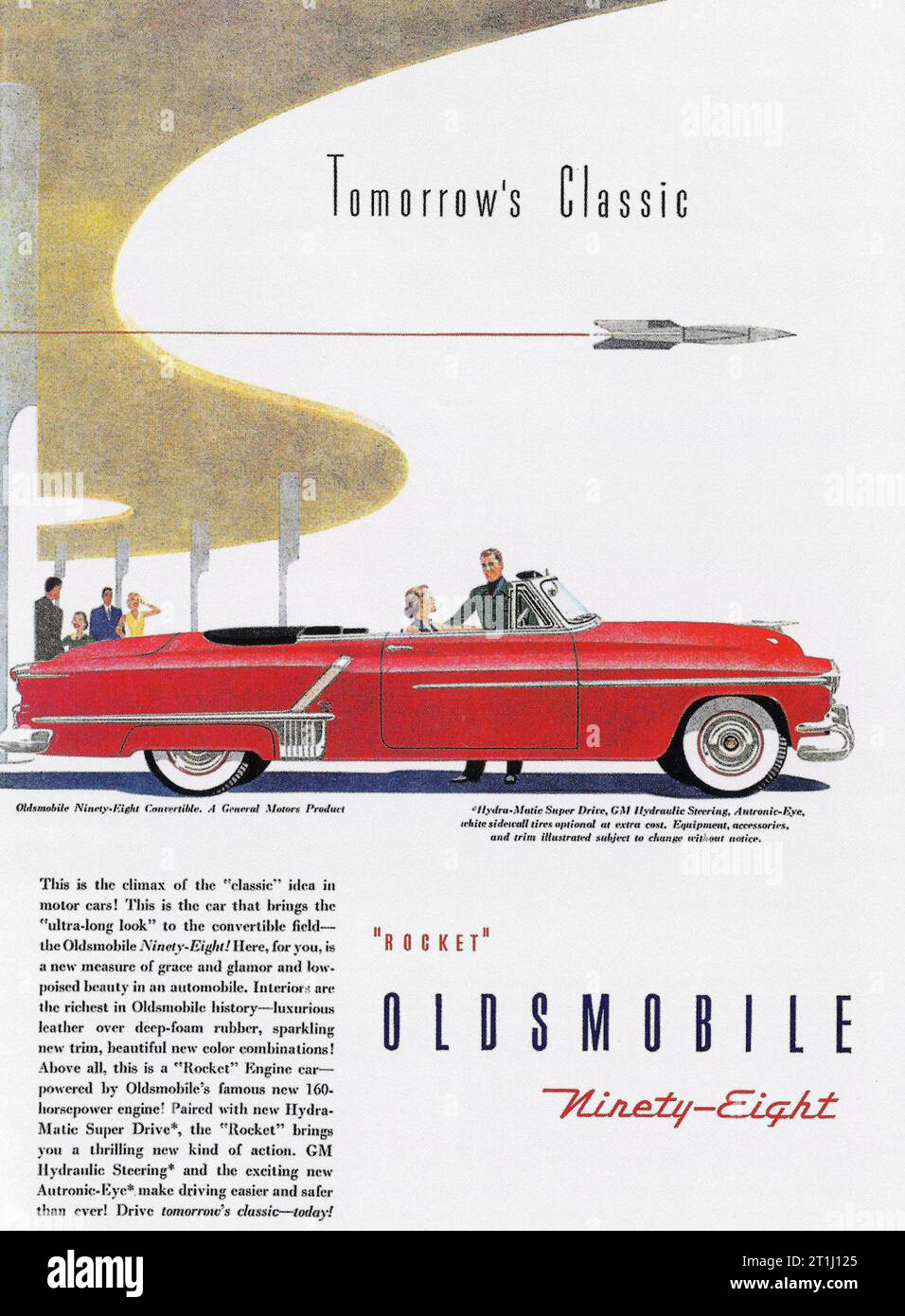 1955 Oldsmobile Ninety-Eight Ad. 'Tomorrow's Classic' Stock Photo