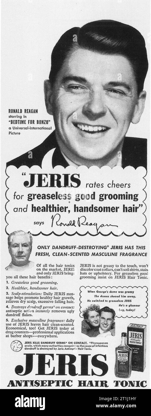 1951 Jeris Hair Tonic Ad with Ronald Reagan Stock Photo