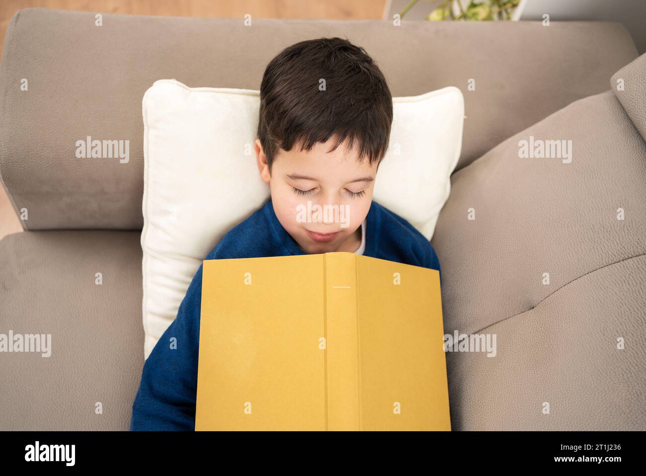 Child relaxing in his couch at day, he is falling asleep while reading